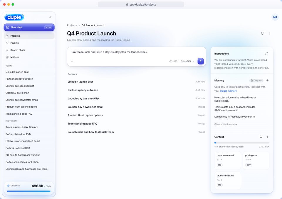 A Duple project called Q4 Product Launch, with its recent chats, project instructions, memory and attached files